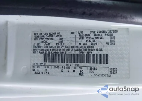 2003 Ford E-150 Chateau/Xl/Xlt из США, поврежденный, VIN 1FMRE11L93HA44846